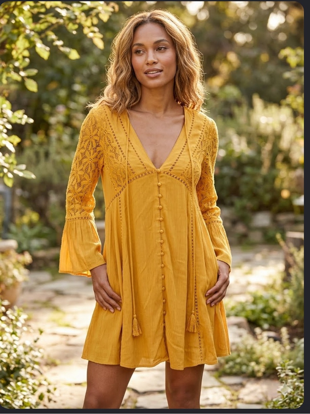 👗Chelsea & Violet Boho Lace-Trim Mustard Tunic dress